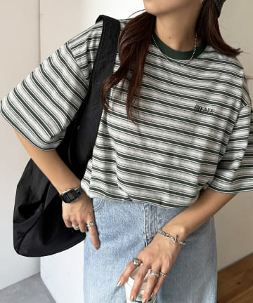 DISCOAT(ディスコート) 【ユニセックス】ワンポイント刺繍ボーダーリンガーTシャツ