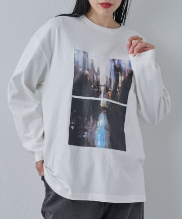 水彩画プリント長袖T