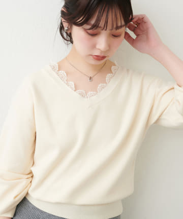 natural couture(ナチュラルクチュール) レース衿Ｖネックプルオーバー