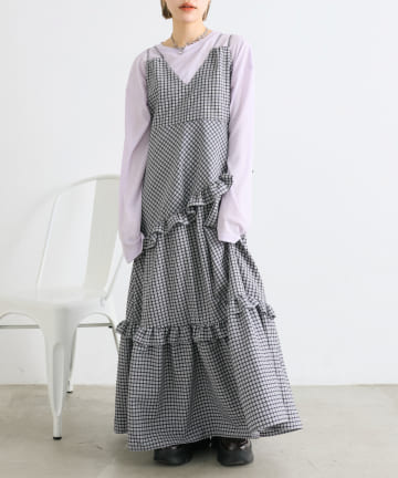 w closet(ダブルクローゼット) 【3色展開】アシメティアードチェックワンピース
