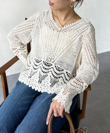 Chez toi(シェトワ) チュニック丈クロシェニットプルオーバー