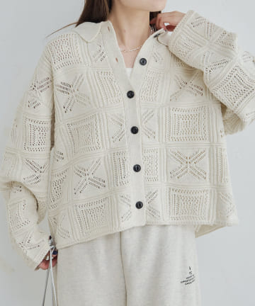 PUAL CE CIN(ピュアルセシン) すかし編み襟付きニットカーディガン