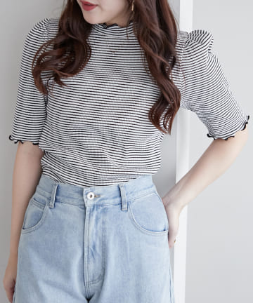 NICE CLAUP / OLIVE des OLIVE OUTLET(ナイスクラップ  / オリーブ デ オリーブ アウトレット) 【OUTLET限定】プチハイ配色メローテレコ半袖