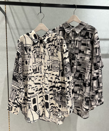 NICE CLAUP / OLIVE des OLIVE OUTLET(ナイスクラップ  / オリーブ デ オリーブ アウトレット) 【春の新作】シワ出来づらいアート柄長袖BIGシャツ
