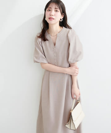 natural couture(ナチュラルクチュール) 【WEB限定】キーネックパフスリーブワンピース