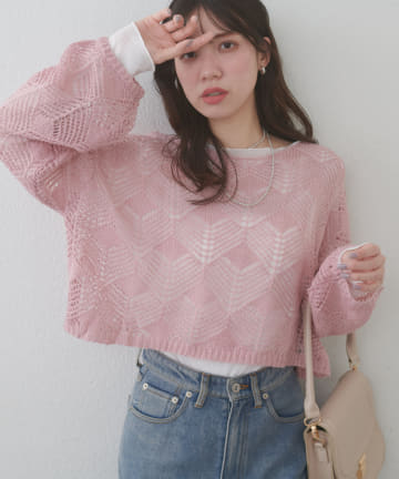natural couture(ナチュラルクチュール) 【WEB限定】シアーリーフ柄ニットプルオーバー