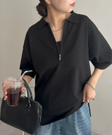 【ユニセックス】リネンタッチハーフジップ半袖ニット