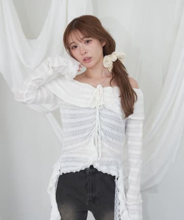 RAY CASSIN(レイカズン) チュールプリントオフショルTシャツ