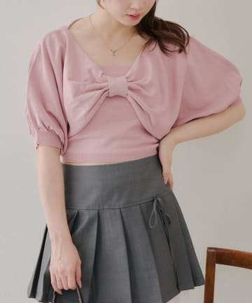 NICE CLAUP / OLIVE des OLIVE OUTLET(ナイスクラップ  / オリーブ デ オリーブ アウトレット) 《2点セットでお得》【麻タッチで夏も快適】【RMAF】リボン半袖アンサンブル