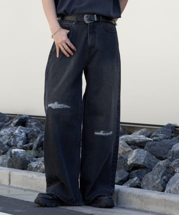 【UNISEX】ワイドストレートクラッシュデニム