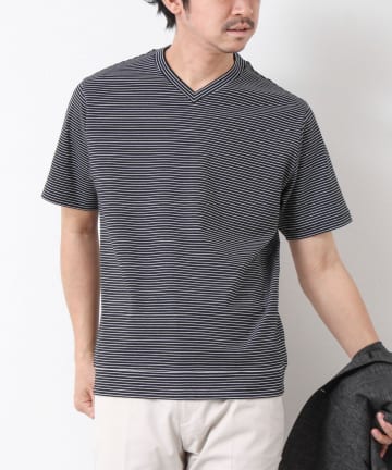 《ビジカジ対応》セミシルケットスムース ボーダー Vネック ドレスTシャツ