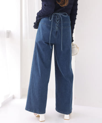 バックレースアップワイドデニムパンツ