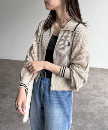【U.S. POLO ASSN.】襟付きメッシュカーディガン
