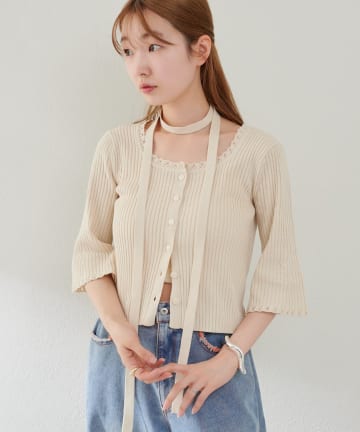 Kastane(カスタネ) 【WEB先行/2WAY/4色展開】リブニットスクエアレースカーデ