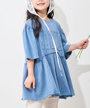 【KIDS】ピグメントパフスリーブチュニック風ミニワンピ