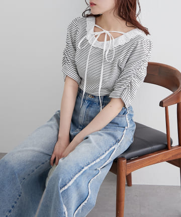 レース衿ボーダーTEE
