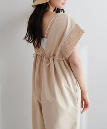 【natural couture】綿麻シャーリング袖サロペ