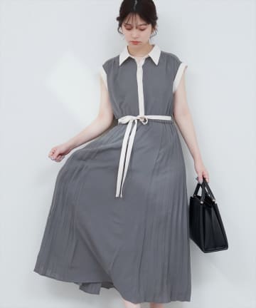 natural couture(ナチュラルクチュール) サイドプリーツ配色デザインワンピース