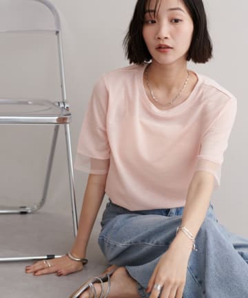 DISCOAT(ディスコート) 【万能トップス/毎年大人気】シアー袖切替5分袖Tシャツ