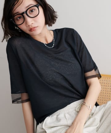 【万能トップス/毎年大人気】シアー袖切替5分袖Tシャツ