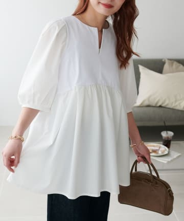 DISCOAT(ディスコート) 【WEB限定】異素材キーネックペプラムブラウス