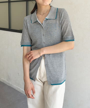 Thevon.(ゼヴォン) 配色襟付き5分袖ニットカーディガン