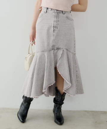 Chico(チコ) 【2サイズ展開】裾フリンジタイトフレアデニムスカート