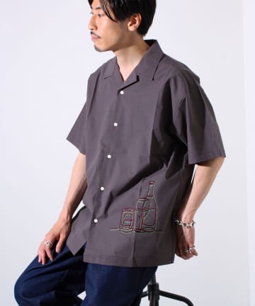 【GLOSTER】綿ブロード カクテル刺繍 オープンカラーシャツ