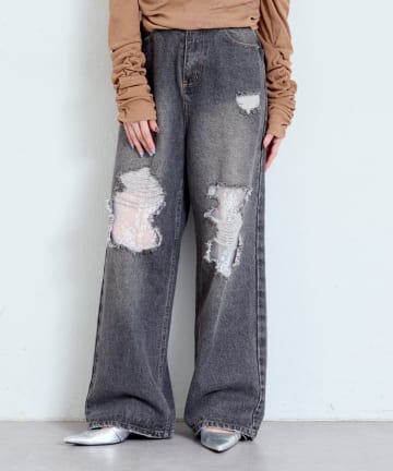 【低身長サイズ/2サイズ展開/ウエスト調節可】レースデニムパンツ