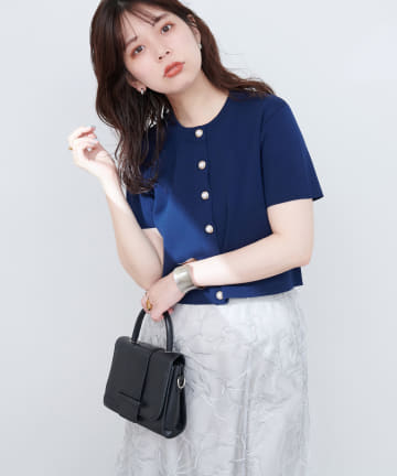 natural couture(ナチュラルクチュール) 【WEB限定】ミラノリブデザイン釦半袖カーディガン