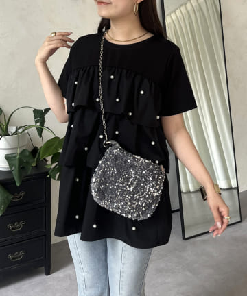 パールフリルギャザーペプラムロンT（Tシャツ/カットソー