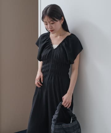 Kastane(カスタネ) 【低身長サイズ/2サイズ展開/前後2WAY/無地&チェック/WEB限定カラー】シャーリングイージーオールインワン