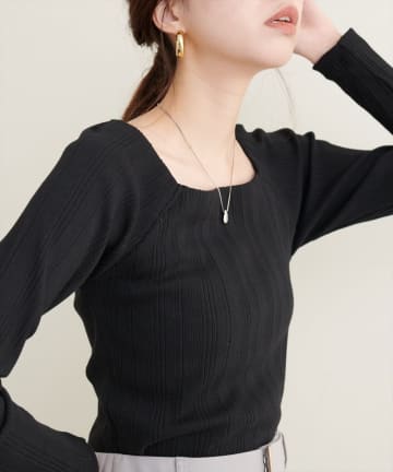 NICE CLAUP / OLIVE des OLIVE OUTLET(ナイスクラップ  / オリーブ デ オリーブ アウトレット) 【natural couture】スクエアネックランダムテレコトップス