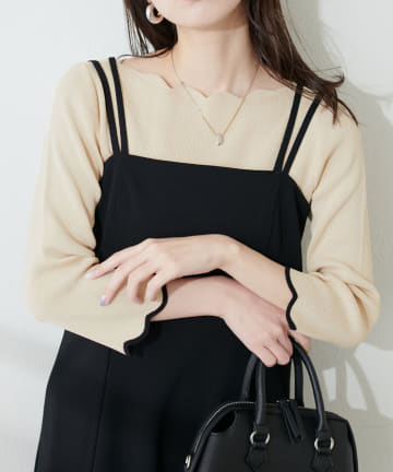 NICE CLAUP / OLIVE des OLIVE OUTLET(ナイスクラップ  / オリーブ デ オリーブ アウトレット) 【natural couture】配色スカラップ強撚ニット（7部袖）