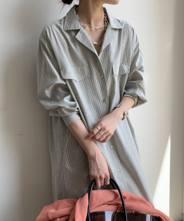 OUTLET(アウトレット) 【DouDou】ストライプシャツドレス