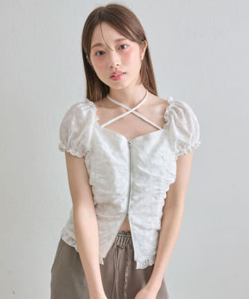 【デコルテ綺麗見え】ダブルジップオフショルブラウス