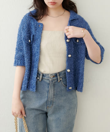 NICE CLAUP / OLIVE des OLIVE OUTLET(ナイスクラップ  / オリーブ デ オリーブ アウトレット) 【natural couture】フラッグヤーン金ボタン半袖カーデ