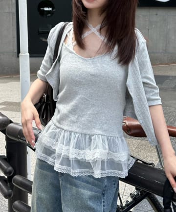 RAY CASSIN(レイカズン) 5分袖パターンメッシュフリルキャミセット