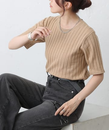COLONY 2139(コロニー トゥーワンスリーナイン) ワイドリブニット半袖コンパクトトップス