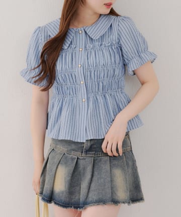 NICE CLAUP / OLIVE des OLIVE OUTLET(ナイスクラップ  / オリーブ デ オリーブ アウトレット) 【RMAF】【韓国風コーデ叶う!】新色！シャーリング衿付ブラウス