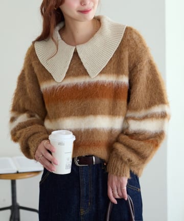 DISCOAT(ディスコート) 【着映えニット◎】シャギーボーダー衿付きプルオーバー
