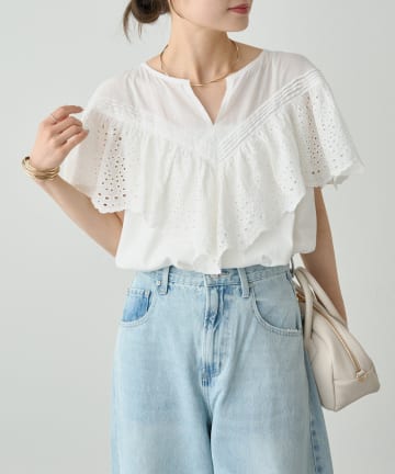 PUAL CE CIN(ピュアルセシン) 【ブラウス見え】スカラップレースドッキングTシャツ