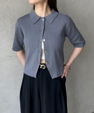 Thevon.(ゼヴォン) 襟付き5分袖リブカーディガン