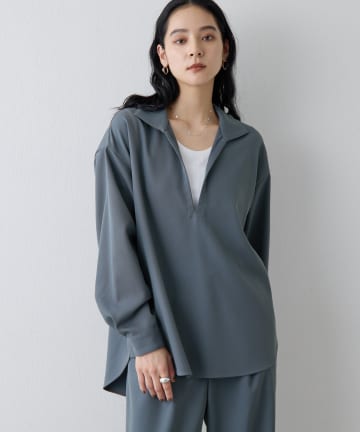 《セットアップ対応可》ツイルストレッチルーズスキッパーシャツ