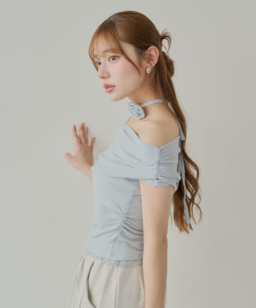 OUTLET(アウトレット) 【Chico】ローズチョーカー付ワンショル裾レースT