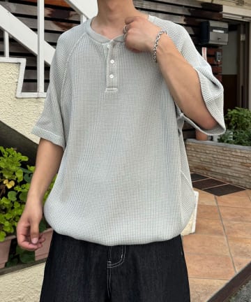 CIAOPANIC(チャオパニック) ピグメントワッフルヘンリーネックカットソー