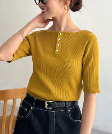 Chez toi(シェトワ) 前後2WAY5分袖キーネックリブニット