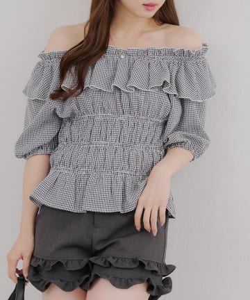 NICE CLAUP / OLIVE des OLIVE OUTLET(ナイスクラップ  / オリーブ デ オリーブ アウトレット) 【RMAF】2wayシャーリングオフショルブラウス
