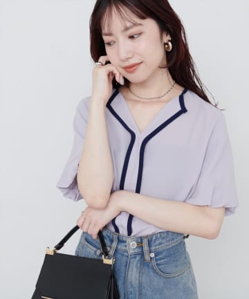 natural couture(ナチュラルクチュール) 【WEB限定】パフスリーブパイピングブラウス