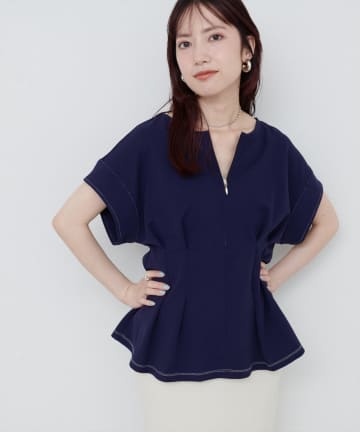 natural couture(ナチュラルクチュール) 【mamamo】配色ステッチウエストタックカットソー